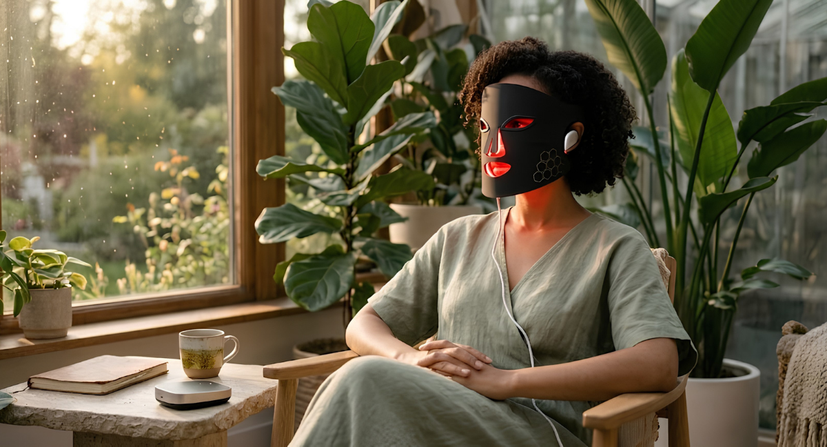 Femme Utilisant Un Masque LED Visage Luminothérapie