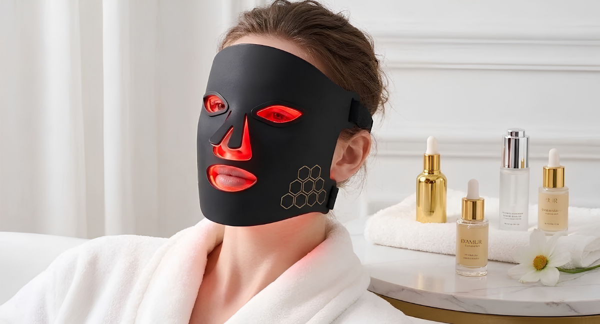 Femme portant un masque LED souple pour affiner le grain de peau