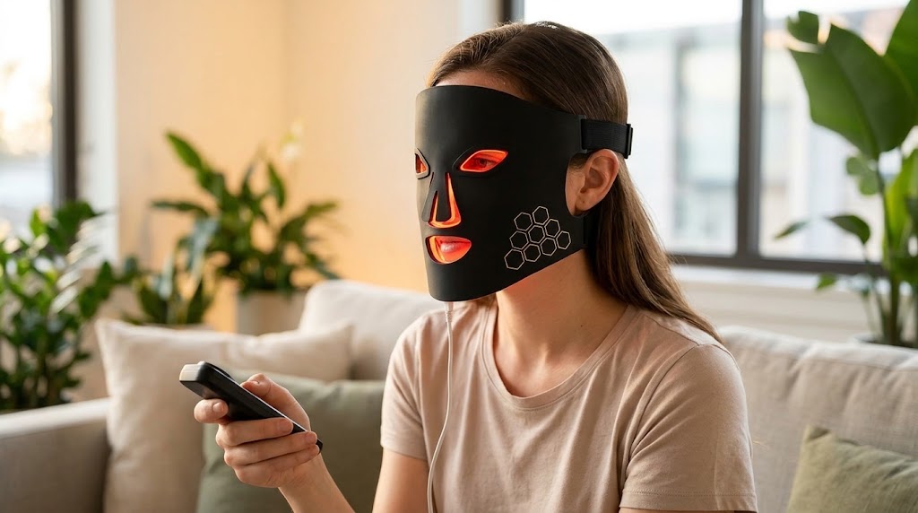 Femme portant un masque LED visage souple blanc comparatif 2026